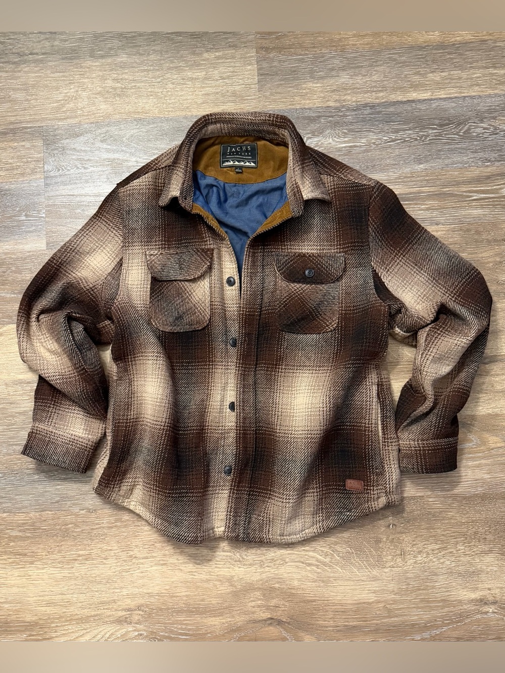 JACHS New York Plaid Shacket Large Brown Ombre Shirt Jacket Wool-Blend Fleece LG